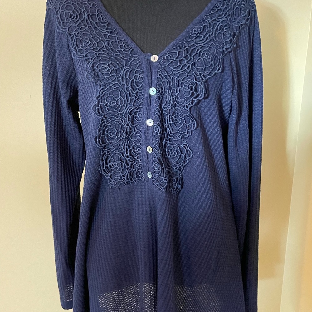 Ladys Navy Blue Sheilay Floral Waffle Knit Sweater Size XL - Picture 2 of 11